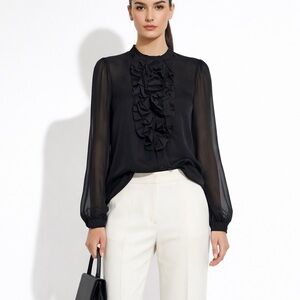 sandra  angelozzi Black Silk Ruffle Blouse Large Sheer Long Sleeve Feminine Top